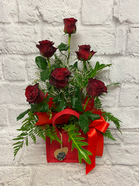 Jute Tote Red Rose Arrangement